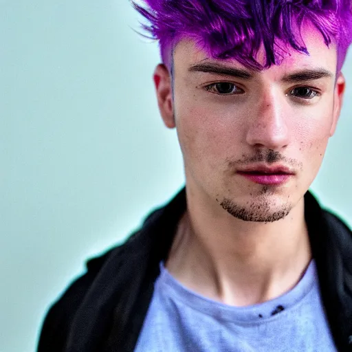 Prompt: a portrait of a queer man with purple hair, 4k, photorealistic, shallow depth of field