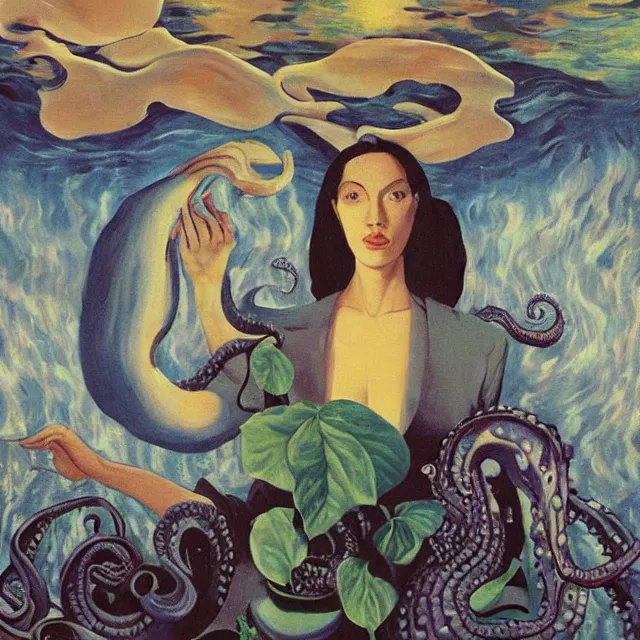 Image similar to tall female artist holding a nautilus in her flooded kitchen, pomegranates, octopus, water gushing from ceiling, painting of flood waters inside an artist's apartment, a river flooding indoors, candles, ikebana, zen, rapids, waterfall, black swans, canoe, berries, acrylic on canvas, surrealist, by magritte and monet