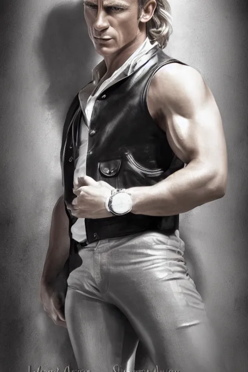 Prompt: romance novel cover with james bond wearing a leather vest and white linen pants, long swept back blond hair, chiseled good looks, muscular arms and chest, digital art