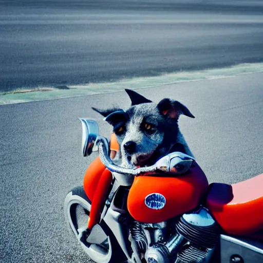 Image similar to blue heeler dog on a motorcycle, 8 k photography, blurred background of a wafflehouse