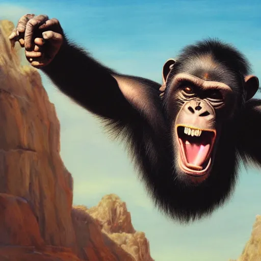 Image similar to Strong Angry Chimpanzee Screaming, Boris Vallejo, Epic, 8k resolution, ArtStation, Hyperrealistic