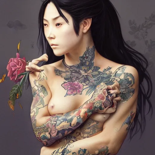 Image similar to masterpiece of a angry yakuza girl with tattoo, intricate, elegant, highly detailed, digital painting, artstation, concept art, smooth, sharp focus, illustration, art by artgerm and greg rutkowski and alphonse mucha and william - adolphe bouguereau