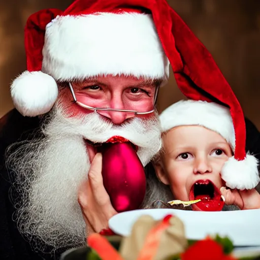 Image similar to santa unhinging his jaw while eating a child