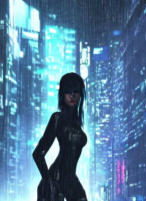 Prompt: cyberpunk woman, raining, in an alley at night back lit, by webang111 and WLOP, by Ilya Kuvshinov, trending on artstation, 8k, Intricate, Unreal Engine