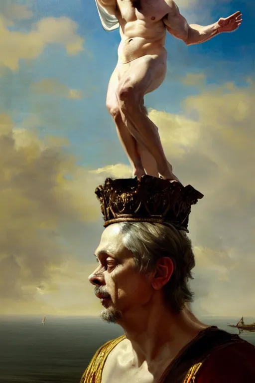 Image similar to beautiful oil painting portrait of ancient roman god emperor steve buscemi floating in the air wearing the civic crown levitating and ascending in a religious pose, ascension, art by anders zorn, wonderful masterpiece by greg rutkowski, expressive brush strokes, beautiful cinematic light, american romanticism by greg manchess, jessica rossier