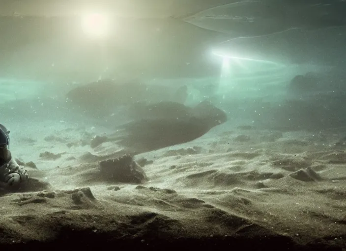 Image similar to astronaut underwater putting a flag in the sand of the bottom of the ocean. there is a futuristic submarine in the distance. dark, concept art, cinematic, dramatic, atmospheric, 8 k, trending on artstation, low visibility, fog, zack snyder