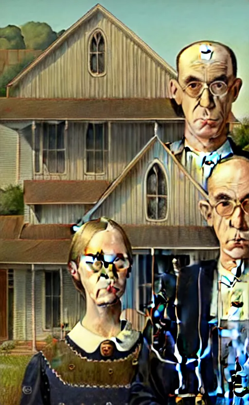 Image similar to American Gothic by Grant Wood in the style of GTA V loading screen