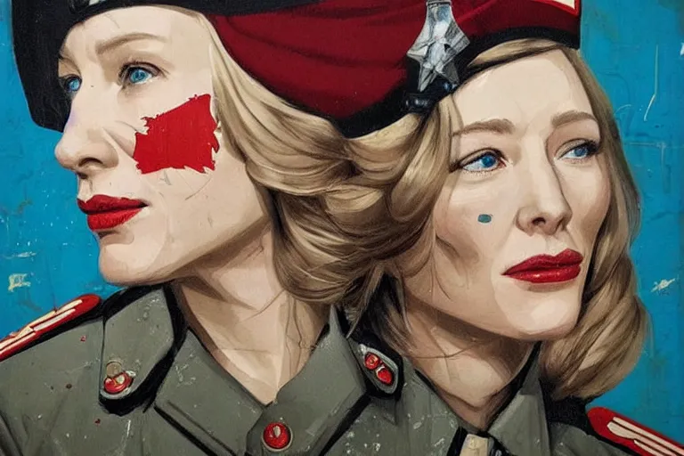 Image similar to cate blanchett as a sad female soviet soldier, art by Sandra Chevrier