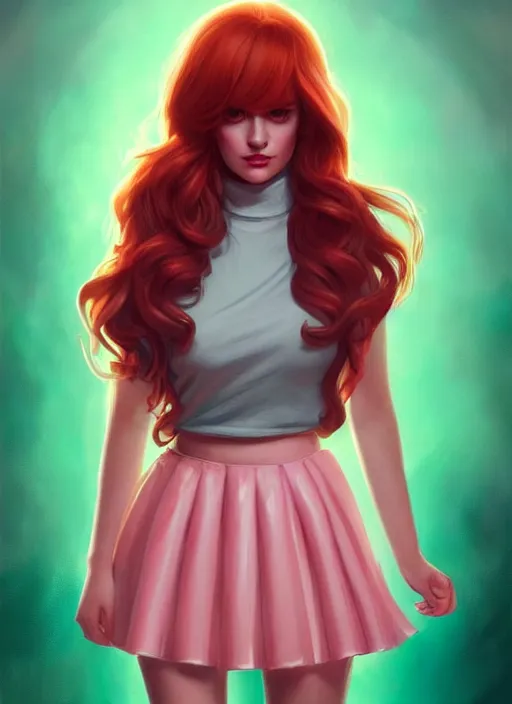 Image similar to full body portrait of teenage cheryl blossom, bangs, green eyes, sultry expression, red hair, sultry smirk, bangs and wavy hair, pink skirt, bangs, intricate, elegant, glowing lights, highly detailed, digital painting, artstation, concept art, smooth, sharp focus, illustration, art by wlop, mars ravelo and greg rutkowski