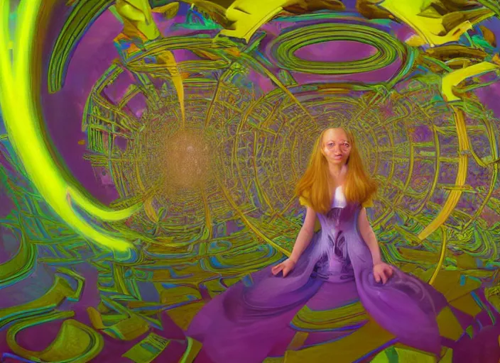Image similar to vfx surreal 3 d portrait of alice from wonderland walking into a non - euclidean and infinite tunnel of evanescent hallucinatory images in endless mirrors that temporarily cling to a virtual node of experience called the self in an illusion called spacetime, hyperdetailed, octane render, by alex grey, jeff soto and daniel merriam, dan mumford and pixar, nvidia raytracing demo