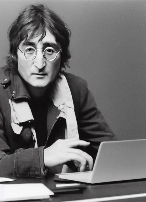 Prompt: john lennon sitting a desk typing on a laptop computer, black and white photo, real, photorealistic