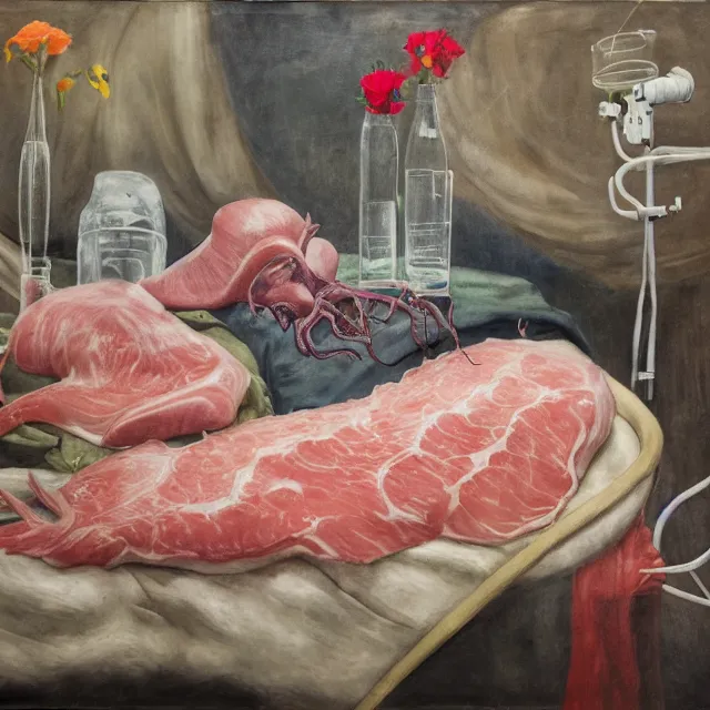 Prompt: raw pork, portrait of a female art student in a hospital bed, sensual, wilted flowers, squashed berry stains, octopus, scientific glassware, eating rotting fruit, oxygen tank, candlelight, neo - impressionist, surrealism, acrylic and spray paint and oilstick on canvas