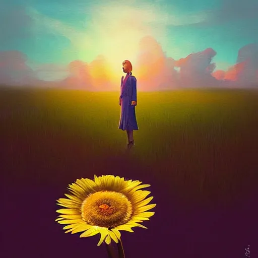 Image similar to giant daisy flower above head, frontal, a girl in a suit, surreal photography, sunrise, dramatic light, impressionist painting, digital painting, artstation, simon stalenhag
