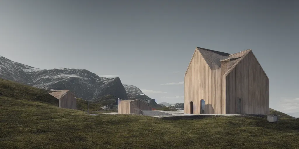 Prompt: a cinematic hyper - real render of norwegian architecture