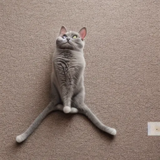 Image similar to gray cat stretching on beige carpet