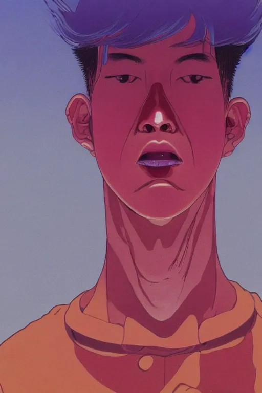 Image similar to a scifi closeup portrait of a young japanese man licking a blotter paper of LSD acid on his tongue and dreaming psychedelic hallucinations in cosmos, by kawase hasui, moebius, Edward Hopper and James Gilleard, Zdzislaw Beksinski, Steven Outram colorful flat surreal design, hd, 8k, artstation