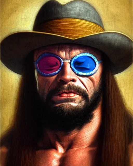 Image similar to realistic portrait of randy macho man savage, crying big blue tears, by leonardo davinci, ultra detailed, character design, concept art, trending on artstation,