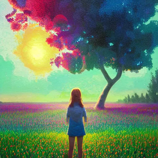 Prompt: girl becoming flower, standing in a flower field, big trees, sunrise dramatic light, impressionist painting, colorful clouds, digital painting, pointillism, artstation, simon stalenhag