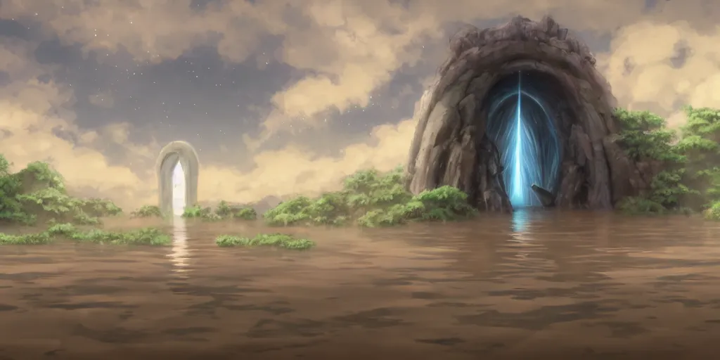 Prompt: a cell - shaded studio ghibli concept art study of a roach arch time portal in the air over a flooded desert on a misty starry night. a waterfall is flowing out of the portal. very dull colors, hd, 4 k, hq