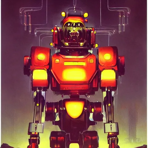 Prompt: a dark and colorful close - up of a sci - fi mecha lion robot with led lights glowing fog in the background. highly detailed science fiction painting by norman rockwell, frank frazetta, and syd mead. rich colors, high contrast, gloomy atmosphere, dark background. trending on artstation