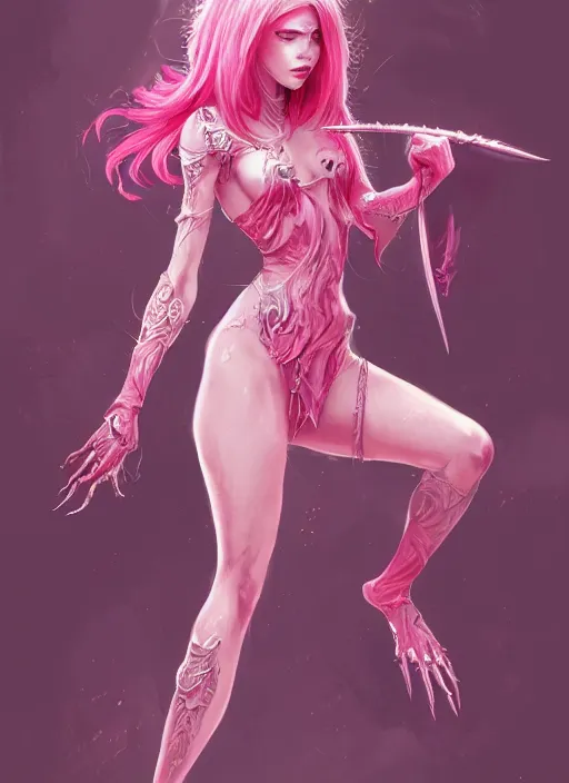 Image similar to a highly detailed illustration of pink haired pale demon girl wearing pink dress wielding claws, dramatic claw pose, intricate, elegant, highly detailed, centered, digital painting, artstation, concept art, smooth, sharp focus, league of legends concept art, wlop.