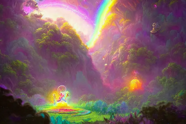 Image similar to a psychedelic realm made entirely out of love and acceptance, astral beings sharing love. filled with cute smiling glowing chibi style pixar baby dinosaurs in the style of greg rutkowski! and wlop and lisa frank! and bob ross!!! and ruan jia, illustration, epic, fantasy, hyper detailed, smooth, unreal engine, sharp focus, ray tracing