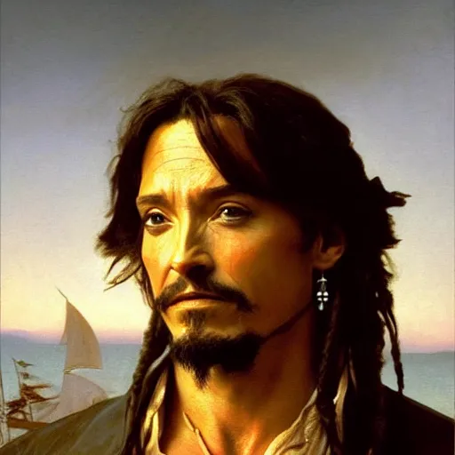 Image similar to Painting of Hugh Jackman as Jack Sparrow. Art by william adolphe bouguereau. During golden hour. Extremely detailed. Beautiful. 4K. Award winning.