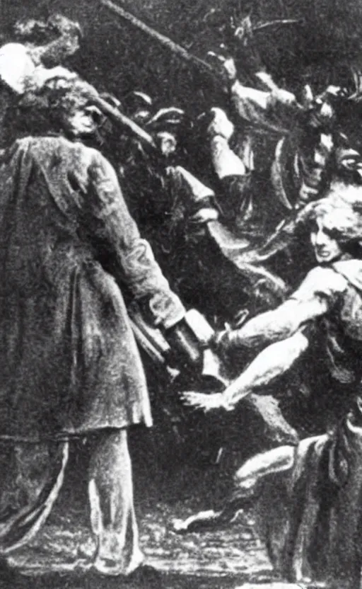 Image similar to a close - up old black and white photo, 1 9 1 3, depicting isaac newton wearing a big wig fighting gottfried leibnitz wearing a big wig in the streets of paris, rule of thirds, historical record