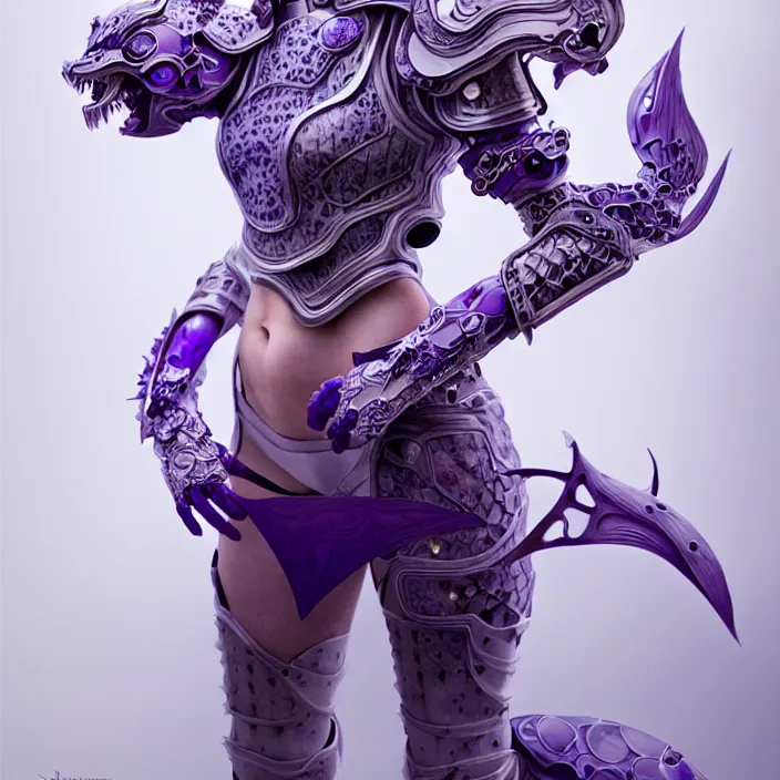 Image similar to porcelain cyborg armor, Chinese Kangxi purple and white fox pattern porcelain, diffuse lighting, fantasy, intricate, elegant, highly detailed, lifelike, photorealistic, digital painting, artstation, illustration, concept art, smooth, sharp focus, art by John Collier and Albert Aublet and Krenz Cushart and Artem Demura and Alphonse Mucha
