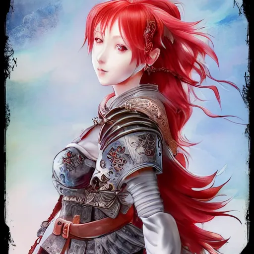 Image similar to a red haired female knight as an absurdly beautiful, elegant, young sensual anime girl, blue background, ultrafine hyperrealistic detailed face illustration by kim jung gi, irakli nadar, intricate linework, sharp focus, bright colors, matte, octopath traveler, final fantasy, unreal engine highly rendered, global illumination, radiant light, intricate environment