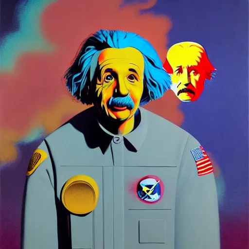 Prompt: portrait of Einstein in astronaut suit by Andy warhol and Petros Afshar and Beeple, Edward Hopper and James Gilleard, Zdzislaw Beksinski, Mark Ryden, Wolfgang Lettl highly detailed