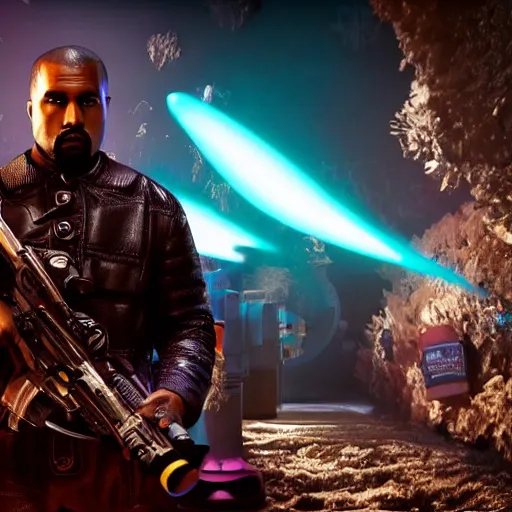 Image similar to Portrait of Kanye West as willy wonka in gears of war, splash art, movie still, cinematic lighting, dramatic, octane render, long lens, shallow depth of field, bokeh, anamorphic lens flare, 8k, hyper detailed, 35mm film grain