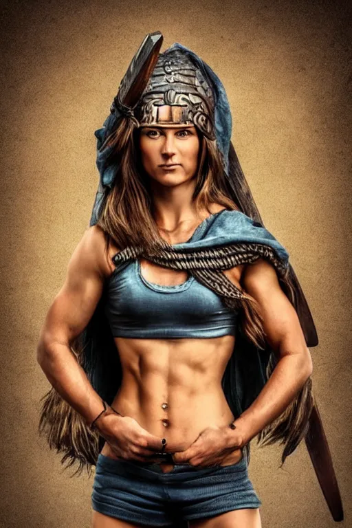 Image similar to full body portrait, thin muscular viking amazon warrior woman, 6 pack ab, symmetrical beautiful face, relaxed pose