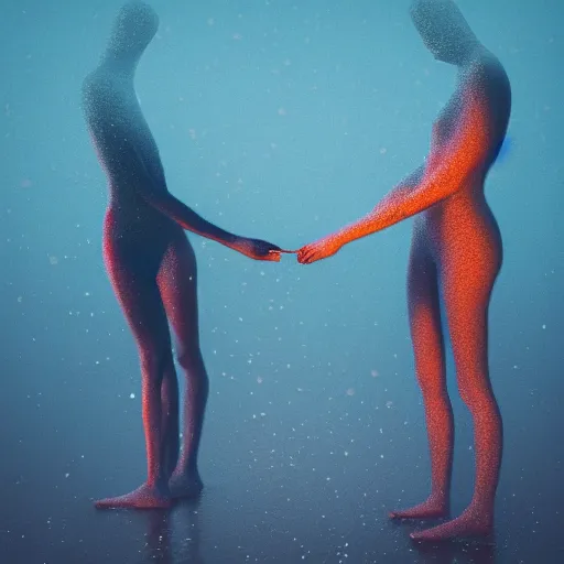 Image similar to a blurry closeup picture of gorgeous human bodies intertwined, female bodies, no face, dripping wet, macro photography, long exposure photograph, surrealism, anamorphic bokeh, cozy, soft light, cyan and orange, caustic, atmospheric fog, octane render, cinematic