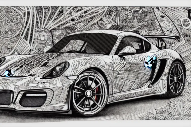 Image similar to a black and white drawing of a porsche cayman gt 4 rs, a detailed mixed media collage by hiroki tsukuda and eduardo paolozzi and moebius, intricate linework, sketchbook psychedelic doodle comic drawing, geometric, street art, polycount, deconstructivism, matte drawing, academic art, constructivism