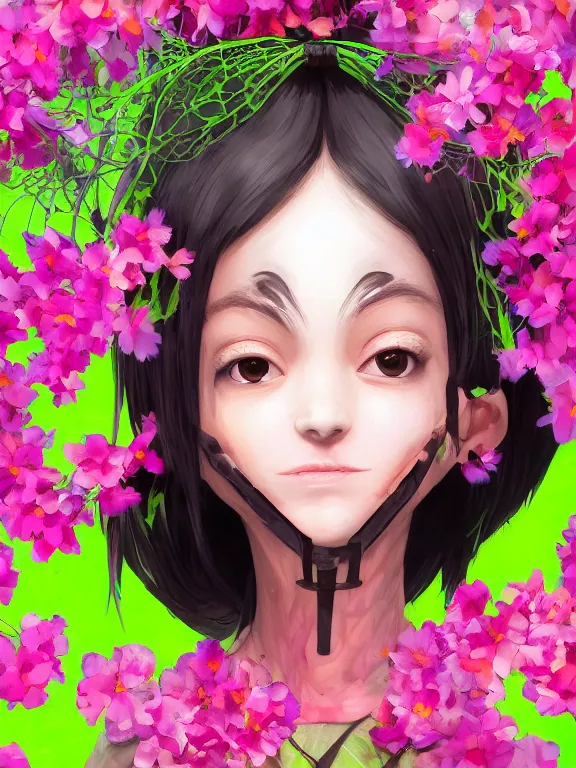 Image similar to Full shot of a cute mischievous young spring witch about to get up to some trouble with her playful bat familiar. Latin American fashion. Floral patterns. cherry blossoms. Bats. Black and Pink and Lime Green palette. Magic. Latina girl. brown skin. defined facial features, symmetrical facial features. Smiling. By Ruan Jia and Artgerm and Range Murata and WLOP and Ross Tran and William-Adolphe Bouguereau. Key Art. Fantasy Illustration. award winning, Artstation, intricate details, realistic, Hyperdetailed, 8k resolution.