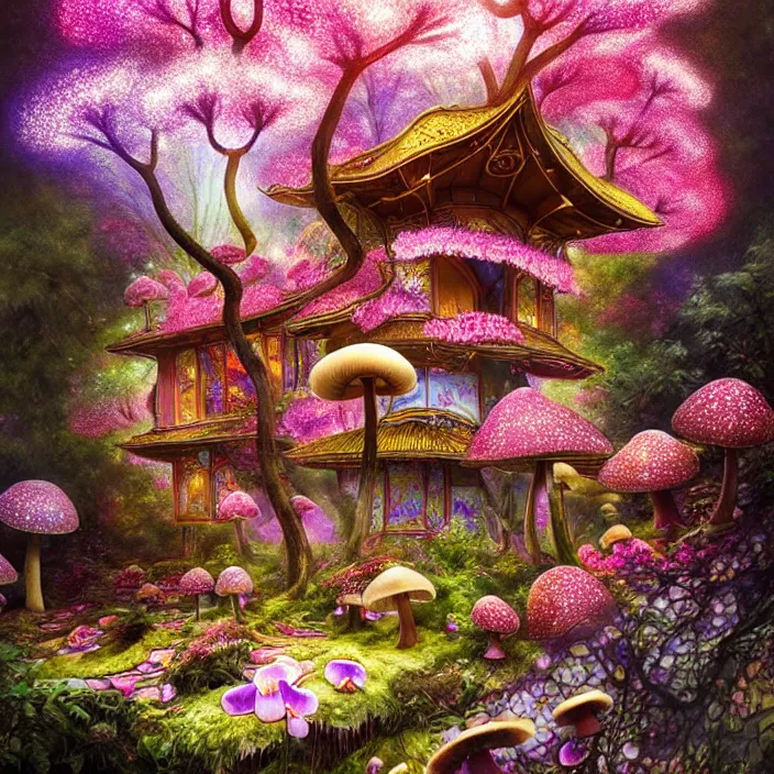 Prompt: extremely psychedelic home made of orchid and cherry blossom tree and mushroom, LSD, diffuse lighting, fantasy, intricate, elegant, highly detailed, lifelike, photorealistic, digital painting, artstation, illustration, concept art, smooth, sharp focus, art by John Collier and Albert Aublet and Krenz Cushart and Artem Demura and Alphonse Mucha