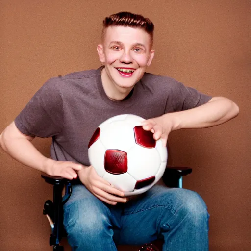 Image similar to realistic photoshoot for a gaming chair, a goofy man short hair is standing by the chair with a soccer ball in his arms, maniacal smile, color film photography, portrait of a beautiful person, in style of Campbell Addy, 35mm