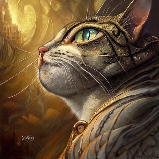 Image similar to low angle shot of a cat by clive barker, intricate, elegant, highly detailed, centered, digital painting, artstation, concept art, smooth, sharp focus, illustration, artgerm, Tomasz Alen Kopera, Peter Mohrbacher donato giancola, Joseph Christian Leyendecker, WLOP, Boris Vallejo.