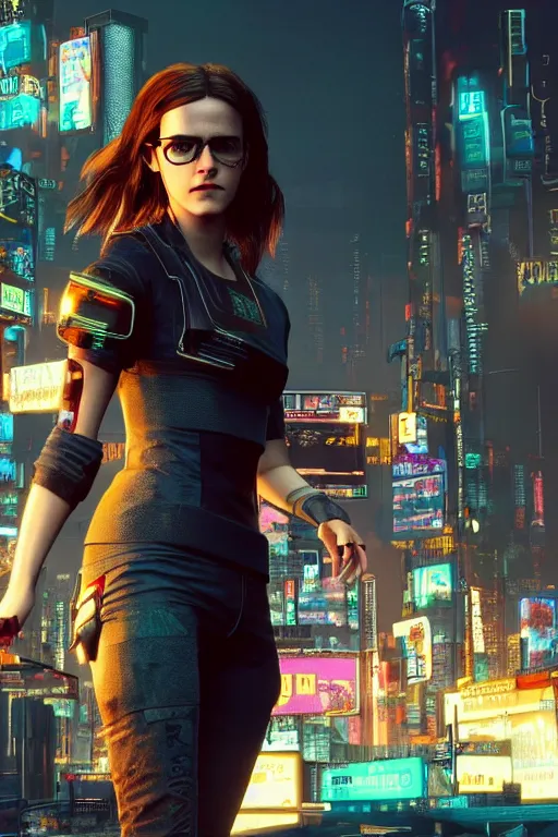 Image similar to Emma Watson in Cyberpunk 2077. 3D Render