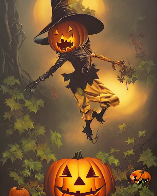 Prompt: phil noto, peter mohrbacher, thomas kinkade, artgerm, 1 9 5 0 s scarecrow dc comics, bats, pumpkins, vines, symmetrical eyes, halloween