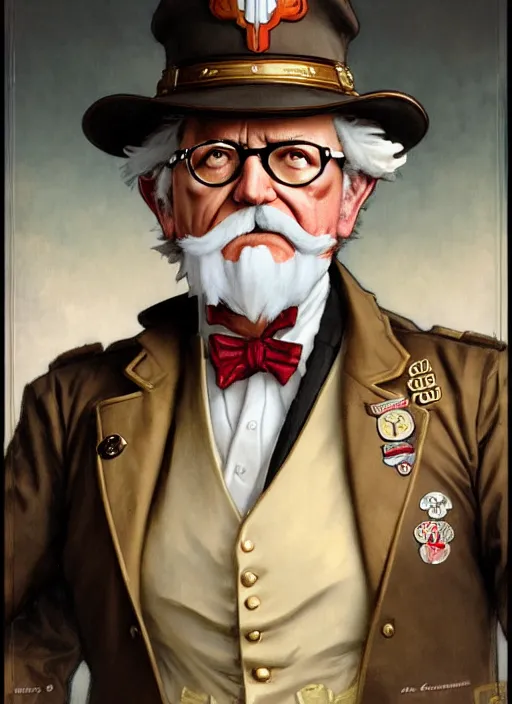 Image similar to close up portrait of colonel sanders, decorated civil war veteran, union uniform by artgerm, cushart krenz, greg rutkowski, mucha. art nouveau. gloomhaven, military symbolism, fried chicken, sharp edges. ultra clear detailed. 8 k. elegant, intricate, octane render