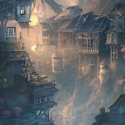 Image similar to a tiny miniscule town living on the thread of a spiders web, fantasy concept art, trending on art station, stunning visuals, creative, cinematic, ultra detailed