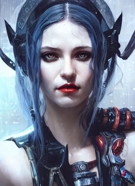 Image similar to a beautiful illustration of cyberpunk elven harley quinn, black hair, intricate, sharp focus, illustration, highly detailed, digital painting, concept art, matte, art by wlop and artgerm and greg rutkowski and alphonse mucha, masterpiece