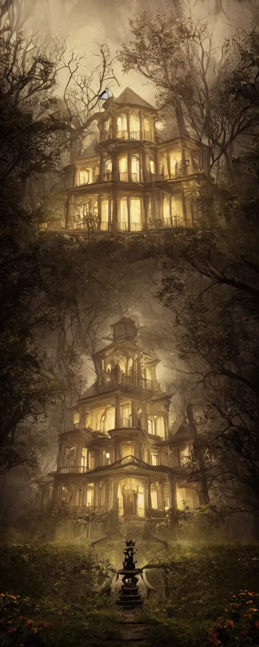 Image similar to A haunted Mansion in the middle of the woods at night during the Lunar Eclipse, evil, demonic, enchanting, angelic, flowers, nature, city, symmetry, environment concept, cinematic, Rendered in Octane, trending on artstation, cgsociety, moody lighting rendered by octane engine, environment 8K artstation, cinematic lighting, intricate details, 8k detail post processing, hyperealistic, octane render, photo realism, visually inspired by Stephen King