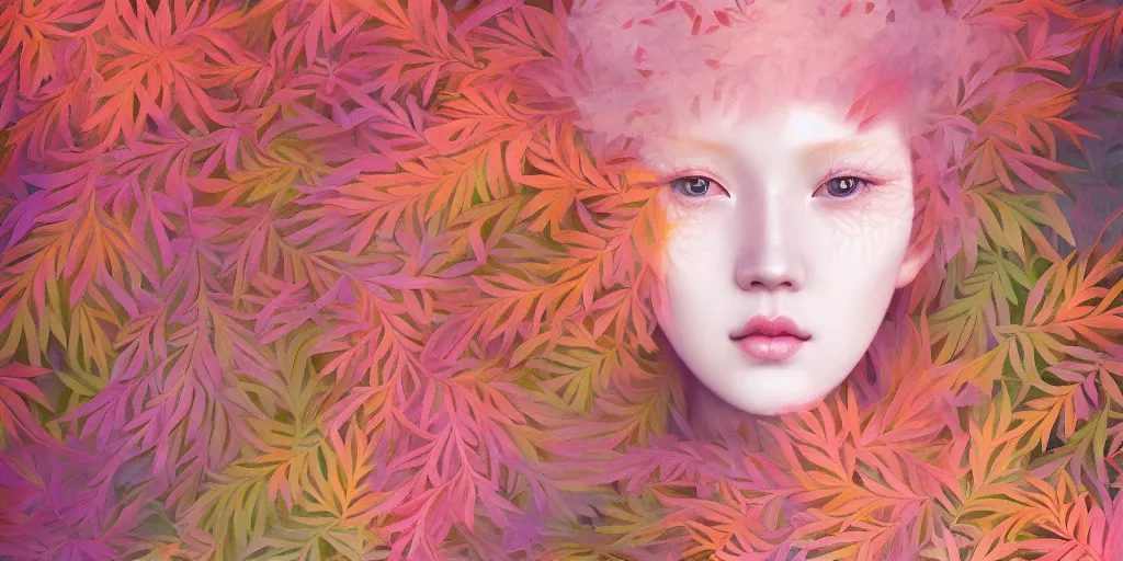 Image similar to breathtaking detailed pattern pastel colors of an ethereal ginger beauty morphing into autumn leaves, by hsiao - ron cheng, bizarre compositions, exquisite detail, 8 k