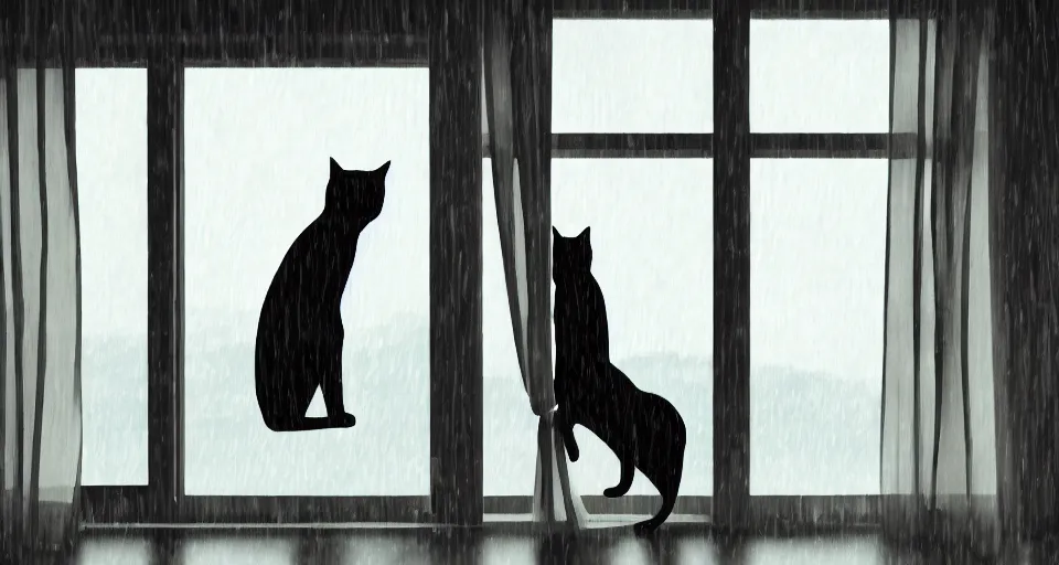 Image similar to silhouette of a girl and her cat, looking out a window on a rainy day, inside a cozy apartment, with a city view. trending on artstation, octave render