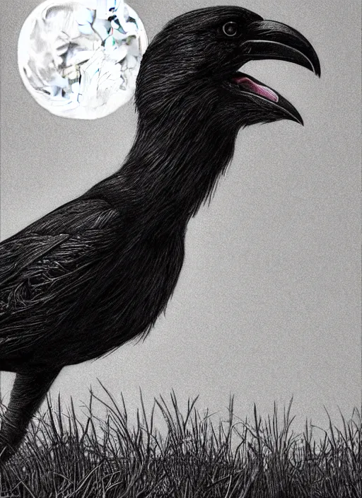 Image similar to portrait, A crow in front of the full big moon, book cover, red white and black colors, establishing shot, extremly high detail, foto realistic, cinematic lighting, pen and ink, intricate line drawings, by Yoshitaka Amano, Ruan Jia, Kentaro Miura, Artgerm, post processed, concept art, artstation, matte painting, style by eddie mendoza, raphael lacoste, alex ross