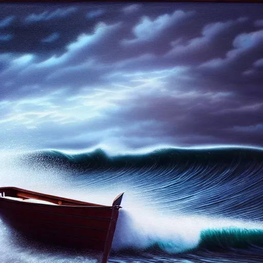 Image similar to a real photographic landscape painting with incomparable reality, super wide, ominous sky, sailing boat, wooden boat, lotus, huge waves, starry night, harry potter, volumetric lighting, clearing, realistic, art by james gurney, artstation - h 1 0 2 4