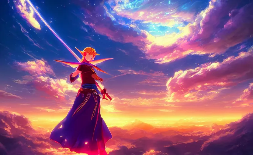 Image similar to Princess Zelda, anime painting, 3d render, hyper realistic, dramatic lighting, the sky is a nebula on fire, 8k hdr pixiv dslr photo by Makoto Shinkai ilya kuvshinov and Wojtek Fus, digital art, concept art,